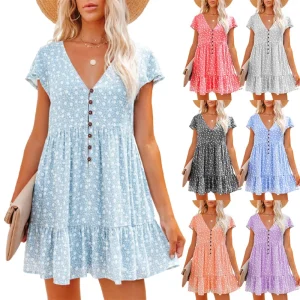 Boho Floral Mini Dress with V-Neck & Button Detail for Beach Holidays