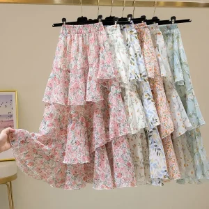 Floral Chiffon Tiered Ruffle Midi Skirt - Resort & Brunch Boho Style