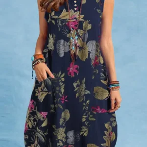 Boho Floral Print Knee-Length Dress - Sleeveless Beach Style