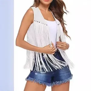 Boho Fringe Suede Vest - Rivet Trim Open Front Layer