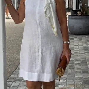 Cotton Linen Mini Dress with High Waist - Summer Casual & Commuter Style