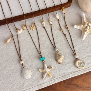 Boho Sea Star Shell Pendant Rope Necklace - Beach Vacation Coastal Style