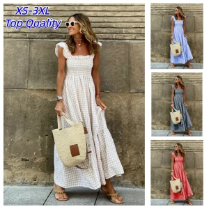 Boho Plaid Slip Maxi Dress - Pleated Ruffle Backless - Summer Party
