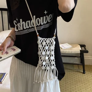 Fringe Crossbody Bag - Shell Embellished Macramé Mini Phone Bag for Beach Escapes