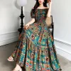 Boho Off Shoulder Midi Dress – Printed Cotton Blend – Seaside Vacation Ready