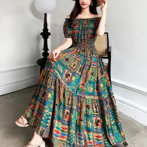 Boho Off Shoulder Midi Dress - Printed Cotton Blend - Seaside Vacation Ready