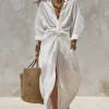 Linen Look Shirt Maxi Dress with Waist Tie for Beach Days