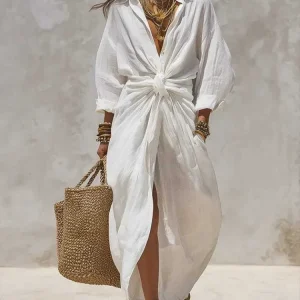 Linen Look Shirt Maxi Dress with Waist Tie for Beach Days