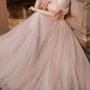 Boho Pink Tulle Prom Dress – Puff Sleeves & Square Neck Graduation Ready