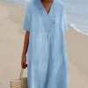 Pink V-Neck Midi Dress with Loose Fit – Beach Vacation & Summer Days