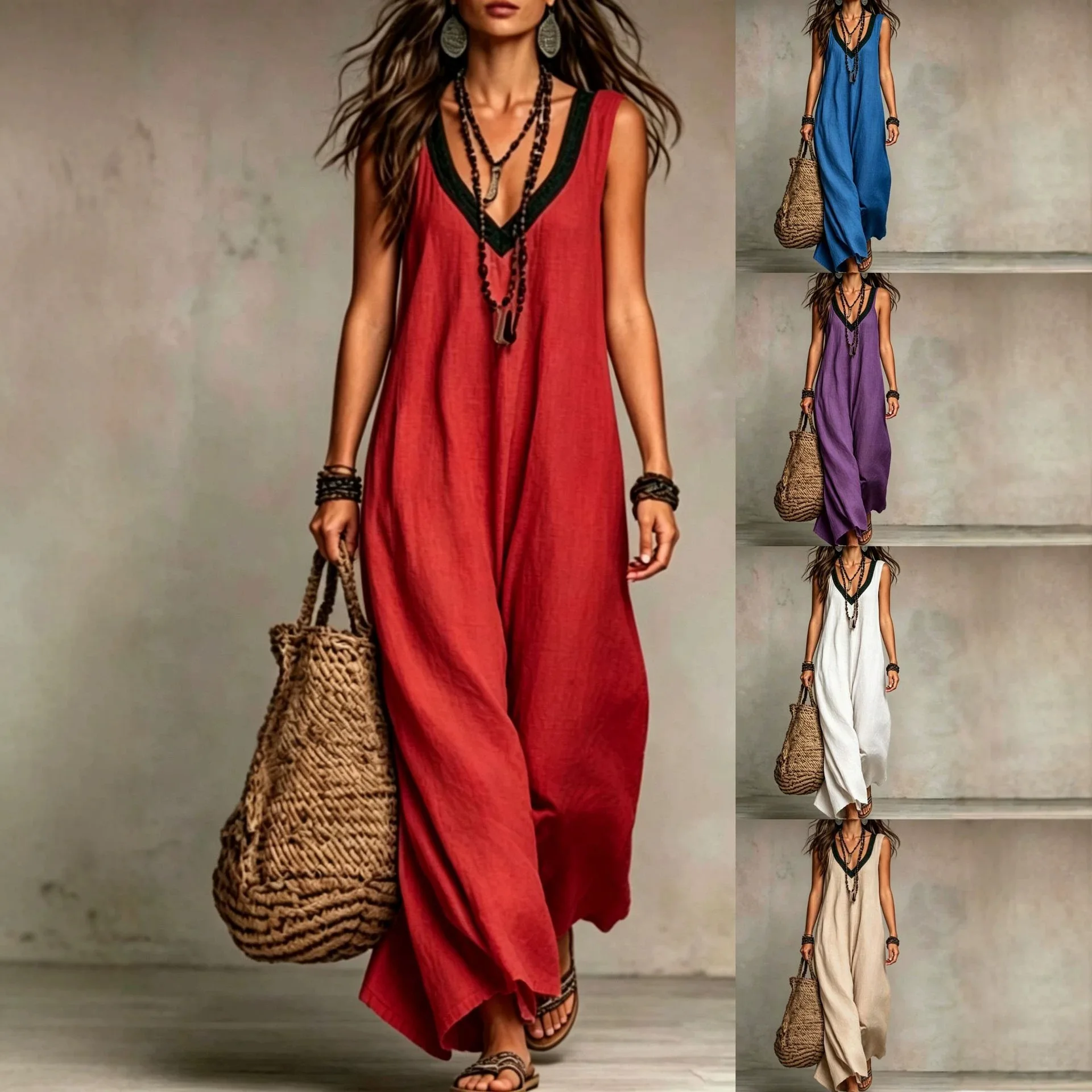 Boho A-Line Maxi Dress with V-Neck for Summer Vacations