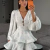 Floral Print Mini Dress with Balloon Sleeves and Tiered Ruffle Hem for Summer Parties