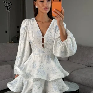 Floral Print Mini Dress with Balloon Sleeves and Tiered Ruffle Hem for Summer Parties