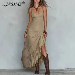 Ruched High Slit Lace Trim Maxi Dress for Beach Holiday & Summer Party