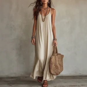 Boho Linen Maxi Dress - Relaxed Spaghetti Strap Summer Style