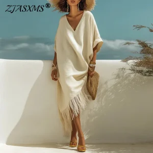 Boho Fringe Maxi Dress - Deep V Neck & Tassel Trim