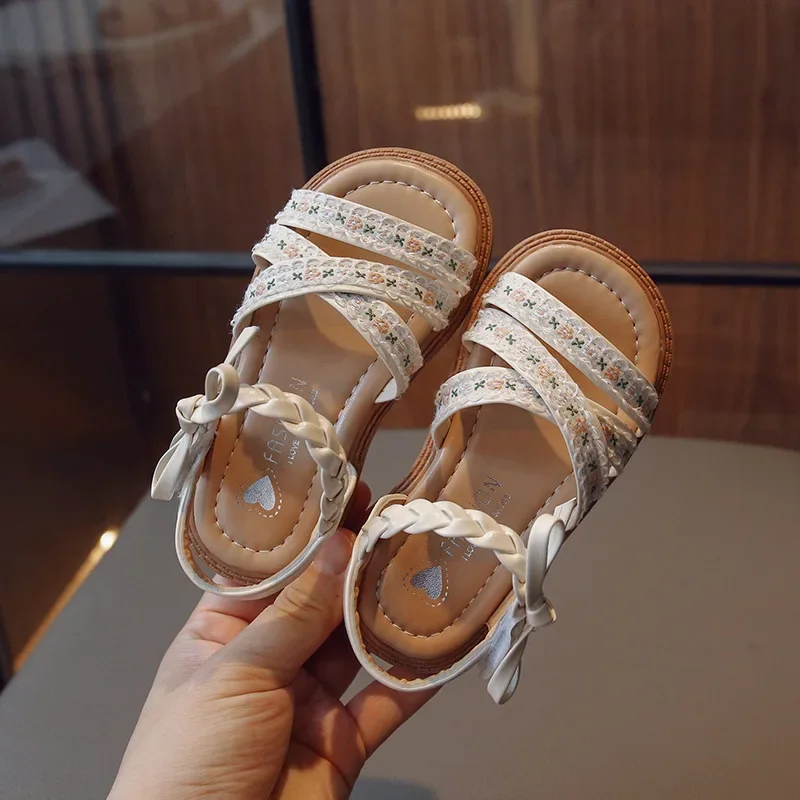 Girls' Embroidered Flower Sandals - Bow Detail Beach Shoes for Summer