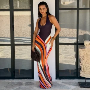 Boho Swirl Print Halter Maxi Dress with Backless Tie Detail - Beach Vacation & Resort Ready