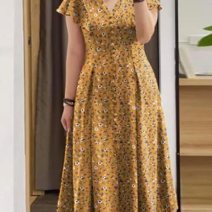 Boho Floral Midi Dress - Button Front Holiday Style