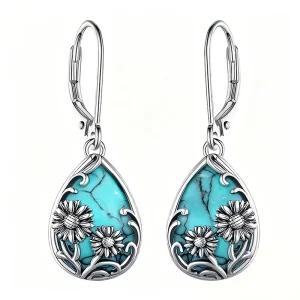 Boho Turquoise Flower Drop Earrings - Vintage Statement Jewelry
