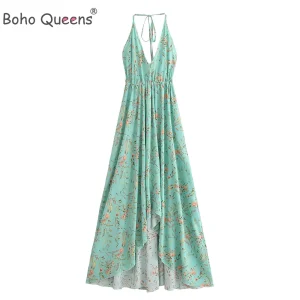 Floral Backless Rayon Maxi Dress for Beach Vacation & Resort