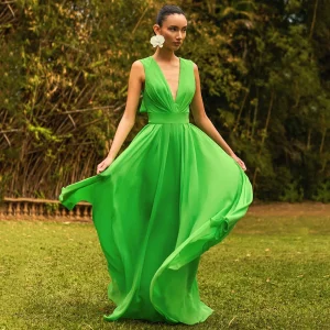 Festival Chiffon Maxi Dress with Deep V Neck & Ruched Waist - Party & Music Event Ready
