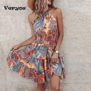 Boho Floral Halter Mini Dress - A Line Silhouette - Beach & Summer Ready